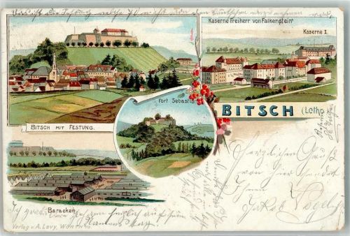 Bitche 1902 Festung Kaserne Freiherr von Falkenstein Kaserne I. Baracken Fort Sebastian Lithographie