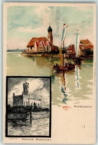 88142 W8992 Wasserburg Bodensee Lithographie Bodensee Segelboote Schloß Montfort