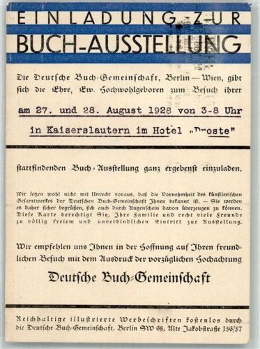 Kaiserslautern 1928 Dt. Buch Gemeinschaft Einladung zur Buch Ausstellung im Hotel Troste