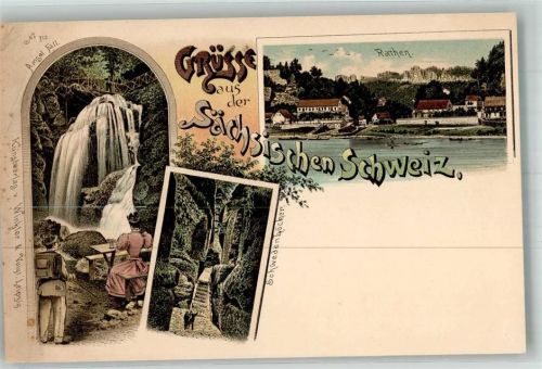 Rathen Kurort Lithographie Amsel Fall Schwedenlöcher