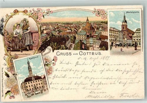 Cottbus 1899 Lithographie Rathaus Marktplatz Tracht Spreewald