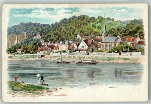 01829 O8306 Wehlen Stadt Lithographie / Künstlerkarte sign. Nöther, Adolf Panorama des Ortes mit Ev. Kirche