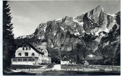 1953 Österreich bei Trugoess: Alpenhotel Bodenbauer am Fuße des Hochschwab, Foto-Ak Nr. 34844,P. Ledermann