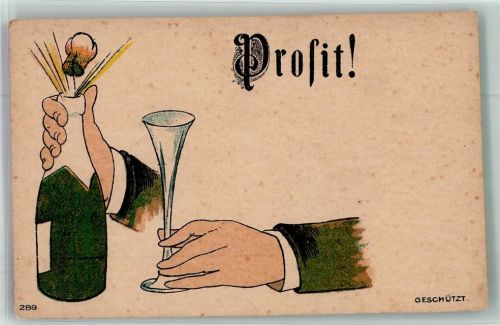 Neujahr Prosit Sektflasche Hand hält ein Sektglas Vorläufer Lithographie / Künstlerkarte