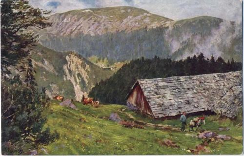 um 1910/20 Elsaß, Vogesen, Melkerei Kerbholz, Kleiner Hohneck, Gaschneykopf, Kühe, Esel, Künstler-AK,Felix Luib,sign. C. Liebich
