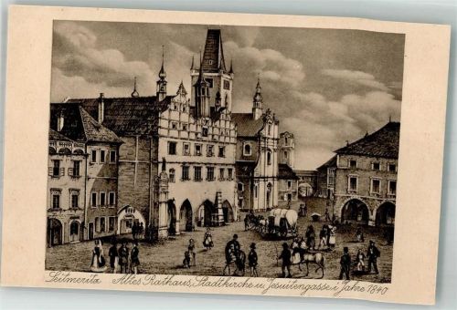 Litomerice Leitmeritz Foto AK Rathaus Stadt- Kirche Jesuitengasse im Jahr 1840