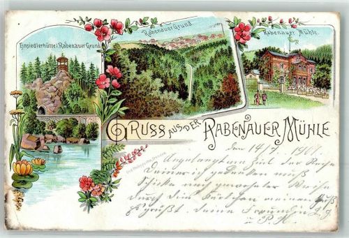 Rabenau 1901 Eindsiedlerhütte Rabenauer Grund Mühle Lithographie