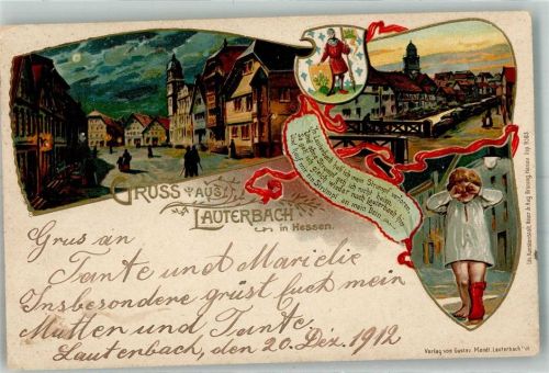 36341 W6420 Lauterbach Hessen 1912 Prägedruck Marktplatz im Mondschein Wappen Sage vom Strumpf Lauterbrücke Künstlerkarte Verlag Gustav Mandt