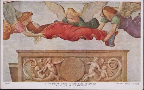 um 1910/20 Grablegung der St. Catharine durch Engel, Religion, Sarkophag, Fresken, Künstler-AK,Medici Society Ltd.,sign. Bernardino Luini