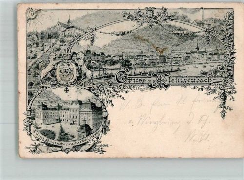 63924 W8764 Kleinheubach Gebrauchsspuren Panorama des Ortes mMit dem Löwensteinischen Schloss Engelsberg und der Presstuch-Fabrik Lithographie Eckbug