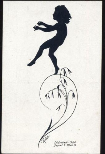 um 1922 Künstler-Ak, -Göttl. Jugend I. Blatt 12-, Schattenbild, auf Blume tanzendes Kind,B. G. Teubner,sign. Diefenbach