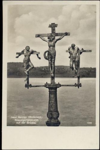 um1930/40 Insel Mainau (Bodensee), Kreuzigungsgruppe auf der Brücke, Jesus am Kreuz.,Emil Hartmann