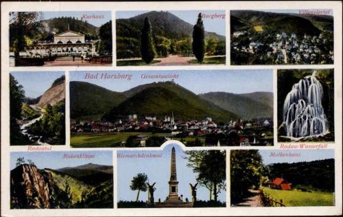 1934 Bad Harzburg: Ansichten , Kurhaus, Burgberg, Villenviertel, Rasutal, Radau Wasserfall,R. Lederbogen AKU1