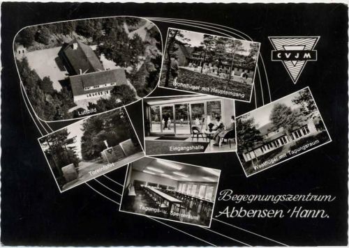um 1970/80 Hannover-Abbensen, Freizeit- und Begegnungszentrum des CVJM, Luftbild, Westflügel, Wohnflügel, Toreinfahrt, Tagungs- und Speisesaal, Eingangshalle,Lux AKU1