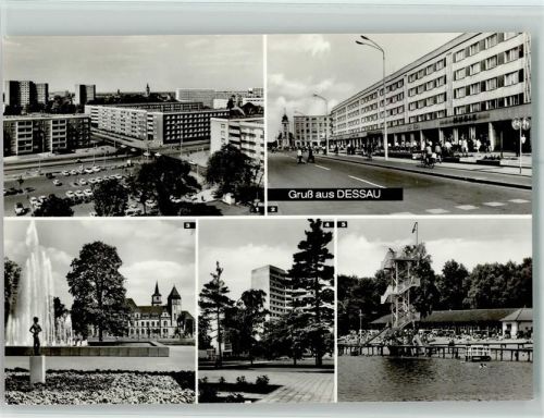 Dessau Ecke August-Bebel-Straße und Willy-Lohmann-Straße im Stadtpark mit Blick auf die Hauptpost Hochhäuser am Stadtpark Strandbad Adria