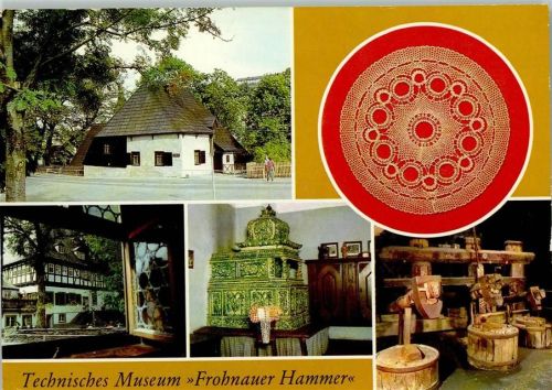 Frohnau Technisches Museum Frohnauer Hammer Fandgeklöppelte Decke Blick zum Herrenhaus mit HO-Gasthaus Kachelofen