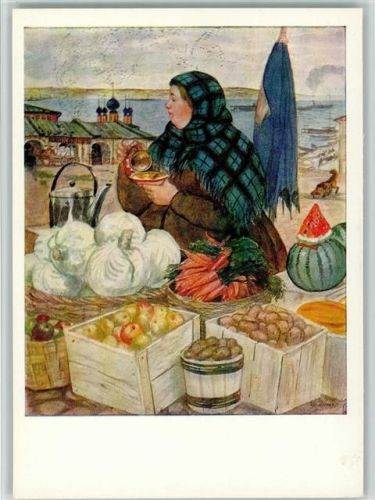 Marktfrau mit Äpfeln Melonen Kartoffeln und Kohl
