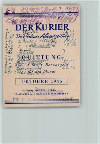 Berlin Mitte Quittung 1946 für Berliner Abendzeitung