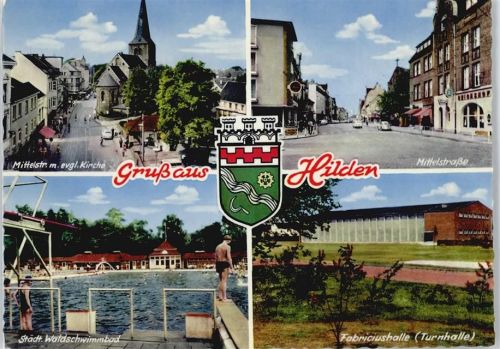 Hilden Mittelstraße Schwimmbad Kirche Wappen Auto Fußgänger