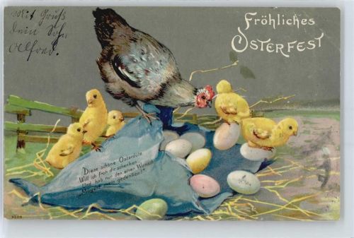 Hahn , Tüte mit Eiern , Prägedruck