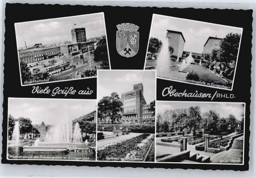 Oberhausen gel. 26.05.62, Hauptbahnhof, Wasserspiele am Friedensplatz m. Amtsgericht, Brillo-Park, Europahaus