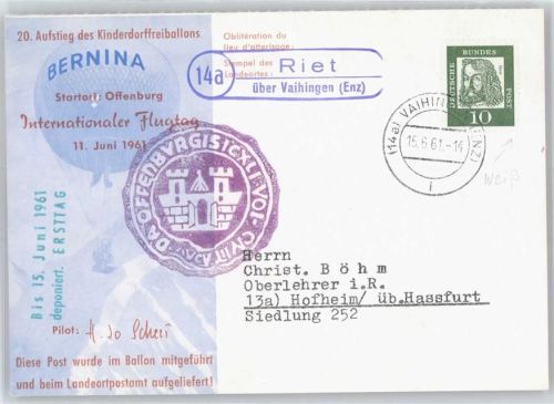 Riet Landpoststempel , Kinderdorf Wahlwies , Ballon Flugtag