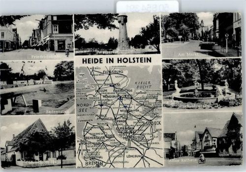 Heide Friedrichstraße, Badeanstalt, Claus-Groth-Haus, Wasserturm, Markt, Märchenbrunnen, Rathaus, Karte