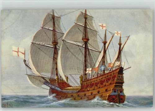 Nr. 157 Engl. Kriegsschiff 16. Jahrh. Segelschiff Künstler sign Rave