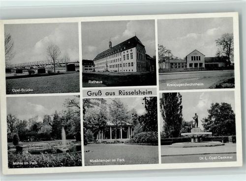 Rüsselsheim Opel-Brücke Rathaus Kreisjugendwohnheim Mühle Musiktempel Park Dr.L.Opel-Denkmal Mehrfachaufnahme