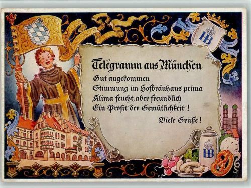 München 1969 Telegramm Humor Münchner Kindl Weißwürste Brezel