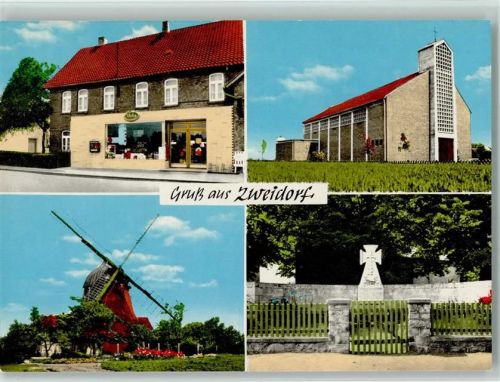 Zweidorf Kirche Windmühle Denkmal 4-Bild-Aufnahme