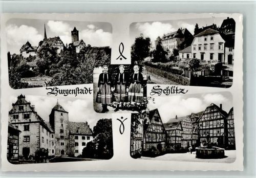 Schlitz Vorderburg Ortsansichten Fachwerkhäuser Brunnen Trachten Mehrfachaufnahme