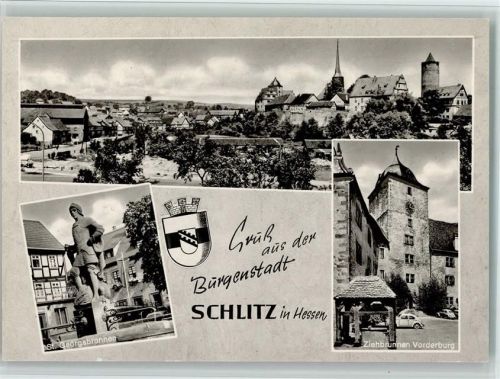 36110 W6407 Schlitz - Gesamtansicht St. Georgsbrunnen Ziehbrunnen Vorderburg 3-Bildaufnahme