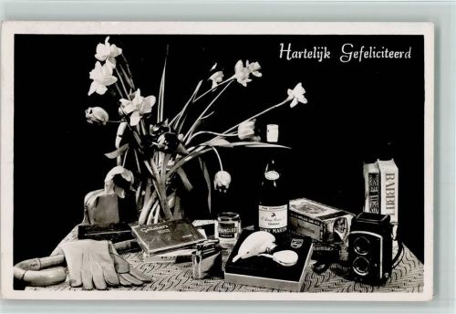 Hartelijk Gefeliciteerd - Fotoapparat, Rasierapparat, Feuerzeug , Zigarrenkiste 1954 AK