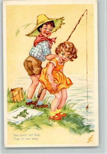 1959 Kinder beim Angeln entdecken einen Frosch AK