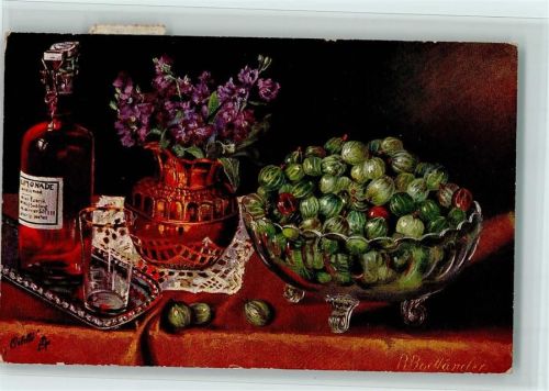 Früchtestilleben mir Stachelbeeren Blumen und Wein