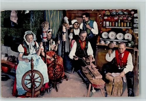 1917 Schlesische Spinnstube - Spinnen, Flachsklopfen, Spahnschneiden, AK
