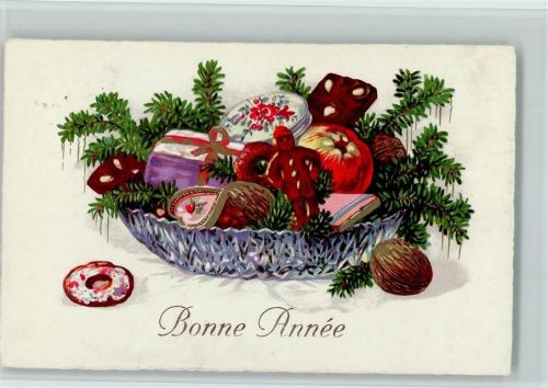 1933 Bonne Annee - Bunter Teller mit Lebkuchen, Tannenzweige AK