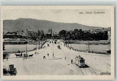 Zürich 1917 Quaibrücke Tram Pferdewagen Pferdekutschen