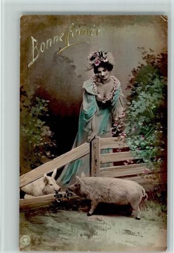 1906 Neujahr - Glamour Frau mit Schweine, handcoloriert - Oranotype