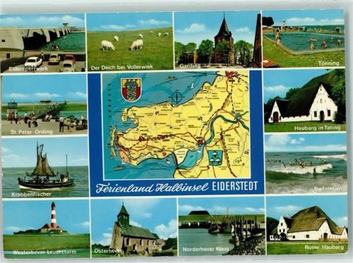 Garding Landkarte Eidersperrwerk Deich Schafe Vollerwiek Garding Tönning Haubarg in Tating St. Peter-Ording Krabbenfischer Leuchtturm Westerhever Osterhever Nordhever Koog Roter Haubarg