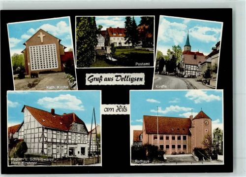 Delligsen Rückseite mit Abschürfungen und Kleberesten Kath. Kirche Postamt Kirche Papier- und Schreibwaren Horst Kirchner Rathaus