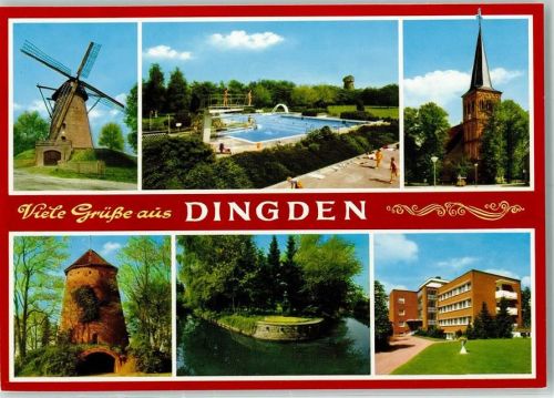 Dingden Windmühle Schwimmbad Kirche Turm Rückseite mit Abschürfungen bzw Kleberesten