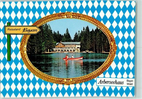 Bayerisch Eisenstein Rückseite mit Abschürfungen bzw Kleberesten Arberseehaus Ruderboot