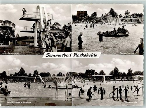 Harksheide Rückseite mit Abschürfungen und Kleberesten Schwimmbad Sprungturm Wasserfontäne Wasserrutsche