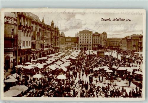 Zagreb 1932 Jelacicev trg. Marktszene , Straßenbahn AK