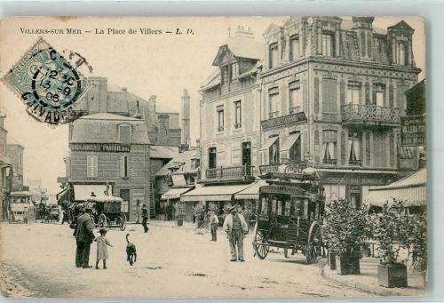 Villers-sur-Mer 1906 La Place de Villers, Postkutsche, Cafe du Siecle AK