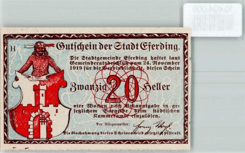 Eferding Notgeld Gutschein Zwanzig Heller