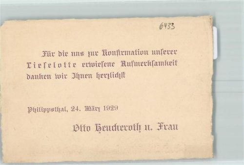 Philippsthal Danksagung zur Konfirmation Lieselotte Otto Heuckernth und Frau