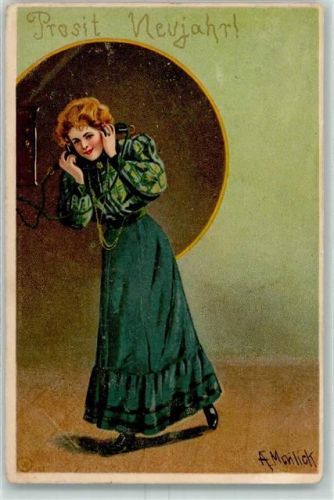 sign. Mailick Lithographie Künstlerkarte Neujahr AK Telefon 1902 Gebrauchsspuren